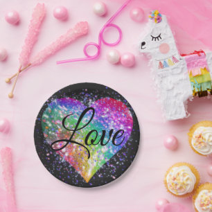 Rainbow colours sparking glitter heart love     pa paper plate