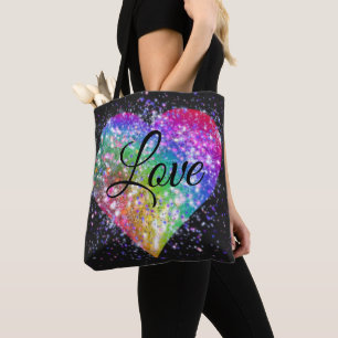 Rainbow colours sparking glitter heart love tot tote bag