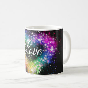 Rainbow colours spray paint sparking glitter heart coffee mug