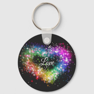 Rainbow colours spray paint sparking glitter heart keychain