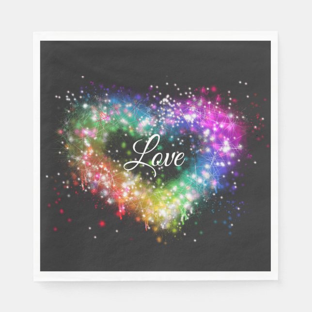 Rainbow colours spray paint sparking glitter heart napkin (Front)