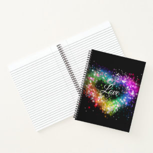 Rainbow colours spray paint sparking glitter heart notebook