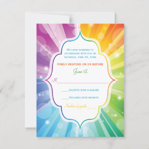 Rainbow Colours Striped Sunburst Wedding RSVP Card