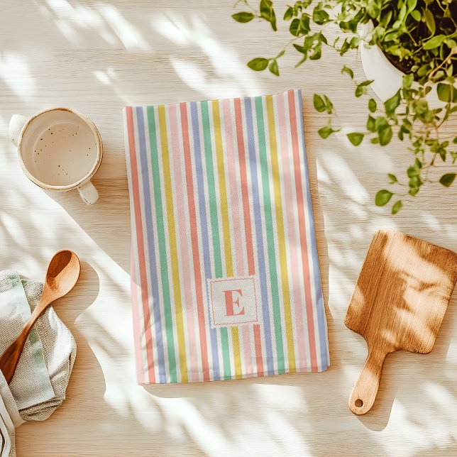 Rainbow Colours Stripes Kitchen Towel with Initial (Rainbow colors striped kitchen towel with monogram)
