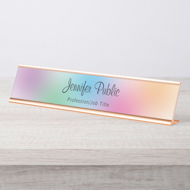 Rainbow Colours Template Rose Gold Elegant Modern Desk Name Plate (Front)