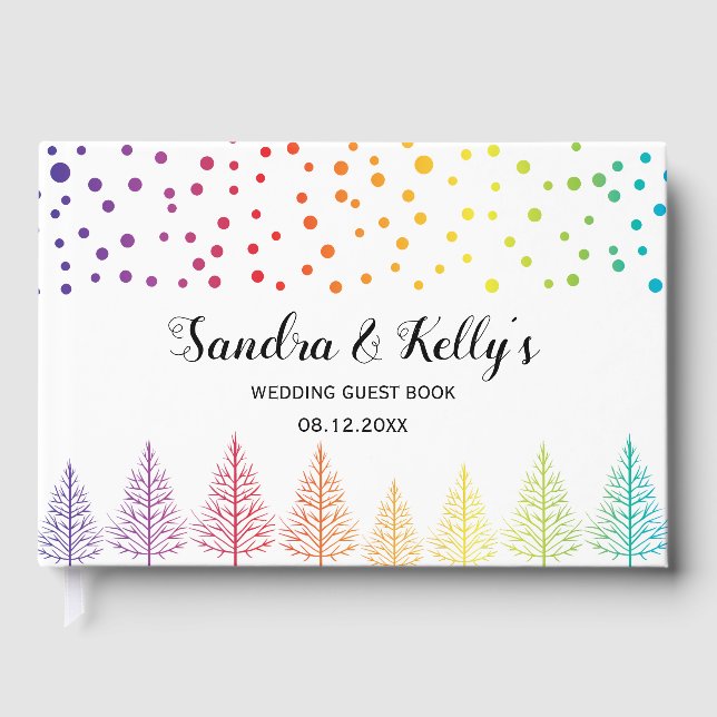 Rainbow colours trees and confetti LGBT  wedding Guest Book (Front)