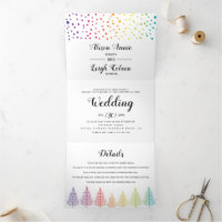 Rainbow colours trees, dots lesbian winter wedding