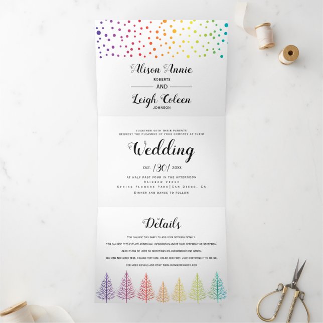 Rainbow colours trees, dots lesbian winter wedding Tri-Fold invitation (Inside)