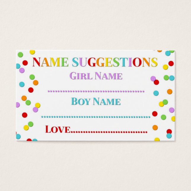 Rainbow Confetti Baby shower Nom Carte de suggesti (Devant)