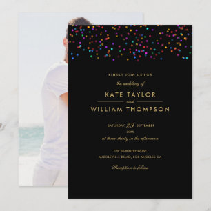 Rainbow Confetti Black And Gold Photo Wedding Invitation