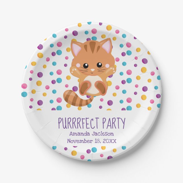 Rainbow Confetti Cute Cat Puurfect Birthday Party Paper Plate (Front)