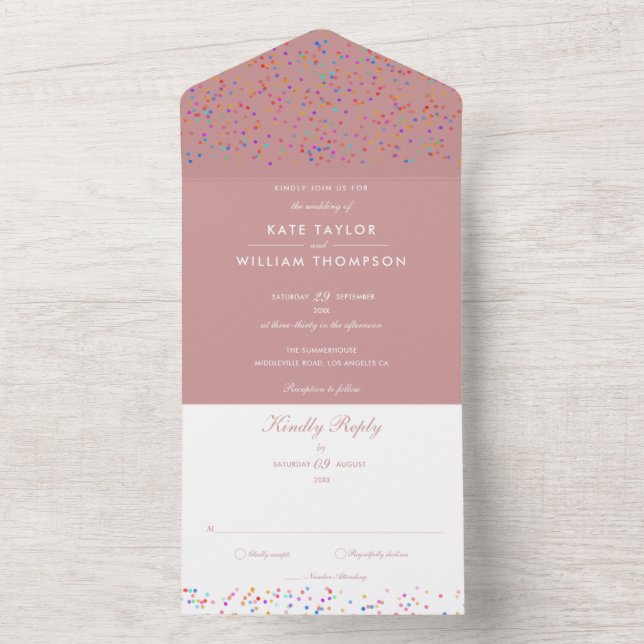 Rainbow Confetti Dusty Rose Monogram Wedding All In One Invitation (Inside)