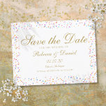 Rainbow Confetti Gold Script Save the Date Announcement Postcard<br><div class="desc">Personalize your names and details with a beautiful gold script on a delicate rainbow confetti background. Designed by Thisisnotme©</div>