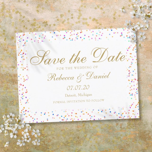 Rainbow Confetti Gold Script Save the Date Announcement Postcard (Rainbow Confetti Gold Script Save the Date Announcement Postcard)