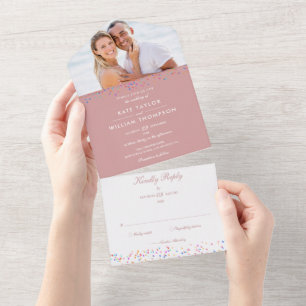 Rainbow Confetti Monogram Photo Dusty Rose Wedding All In One Invitation