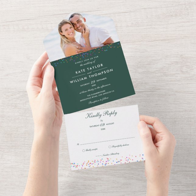 Rainbow Confetti Monogram Photo Emerald Wedding All In One Invitation (Tearaway)