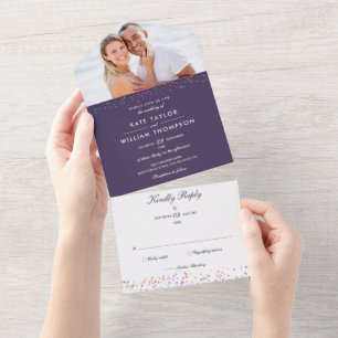 Rainbow Confetti Monogram Photo Purple Wedding All In One Invitation