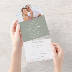 Rainbow Confetti Monogram Photo Sage Green Wedding All In One Invitation