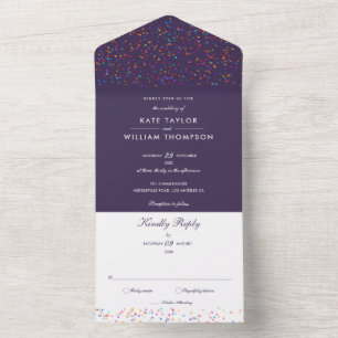 Rainbow Confetti Purple Monogram Wedding All In One Invitation