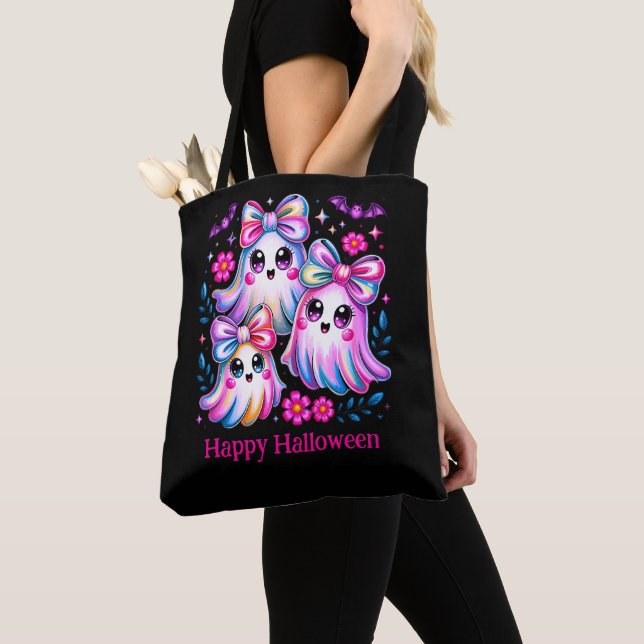 Rainbow Coquette Ghosts Hot Pink Happy Halloween Tote Bag (Close Up)
