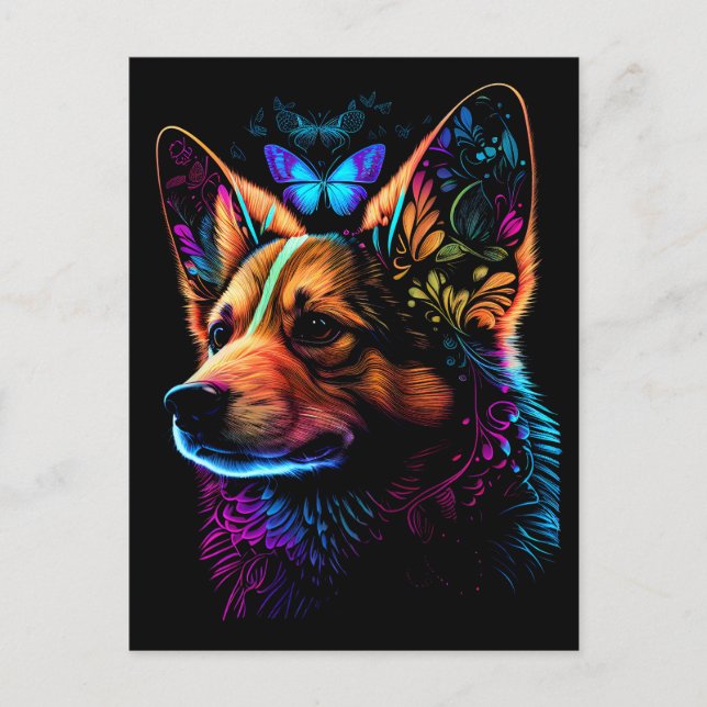 Rainbow Corgi and Butterfly Abstract Art Postcard (Front)