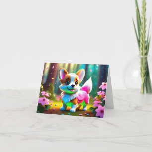 Rainbow Corgi Puppy in Flowers Blank Greeting  Card