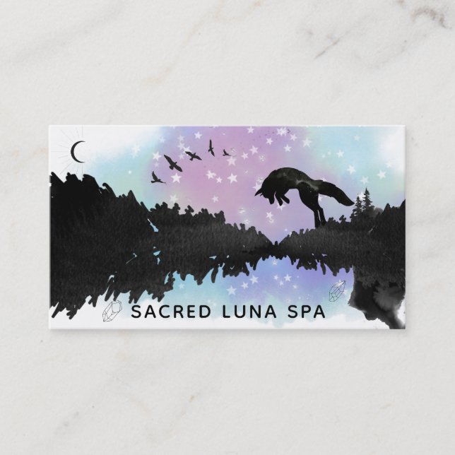 *~* Rainbow Cosmic Moon Fox Leaping Pine Trees Business Card (Front)