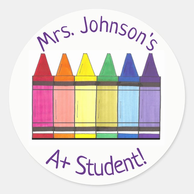 Rainbow Crayon Personalized A+ Student Art Teacher Classic Round Sticker (Front)