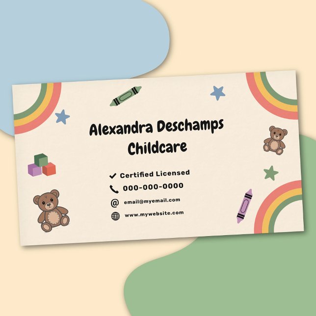 Rainbow, Crayon & Teddy Bear - Child Care Business Card (Rainbow, Crayon & Teddy Bear - Child Care Business Card)
