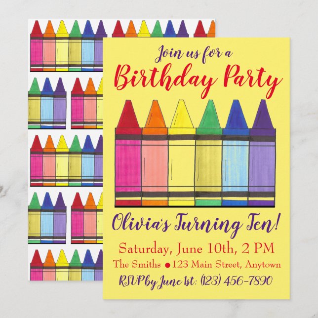 Rainbow Crayons Artist Art Child's Birthday Party Invitation (Front/Back)