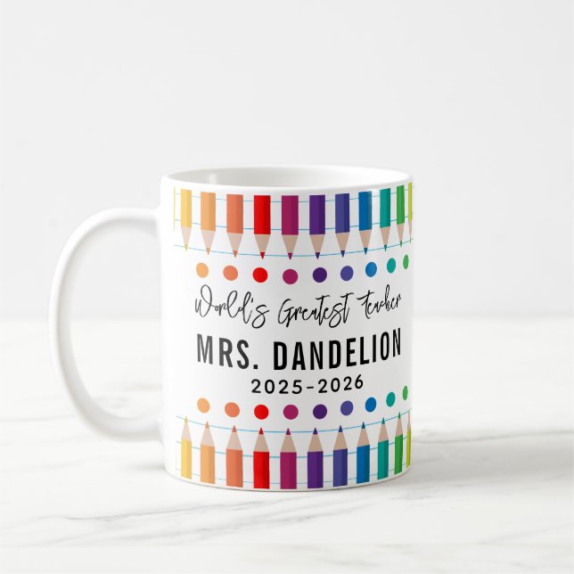 Rainbow Crayons Kindergarten Teacher Coffee Mug (Left)