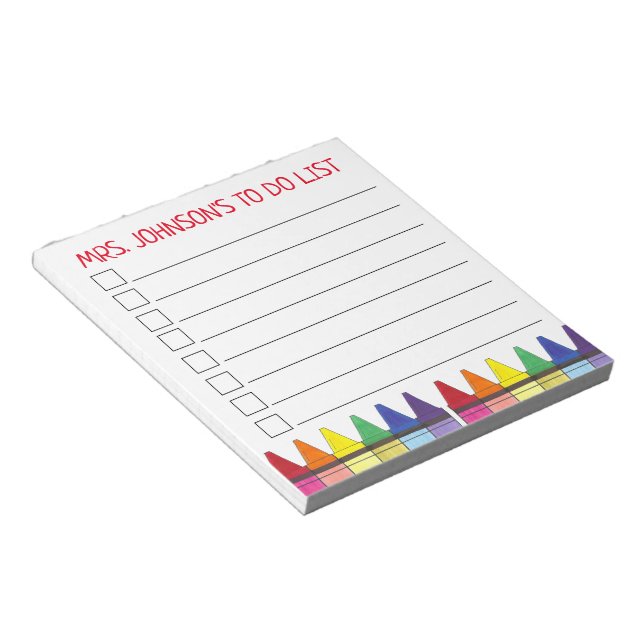 Rainbow Crayons Personalized Teacher To Do List Notepad (Angled)