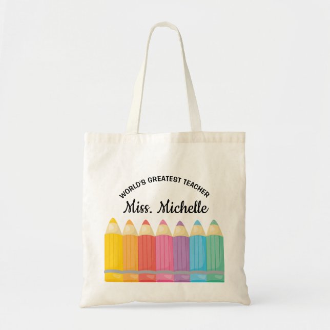 Rainbow crayons Worlds Greatest teacher tote bag (Front)