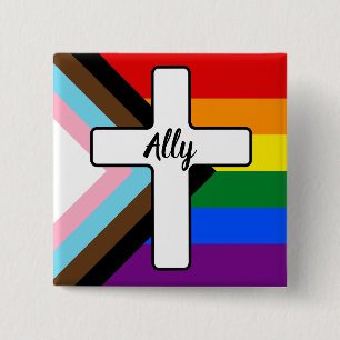 Rainbow Cross Progress Pride Flag Ally 2 Inch Square Button