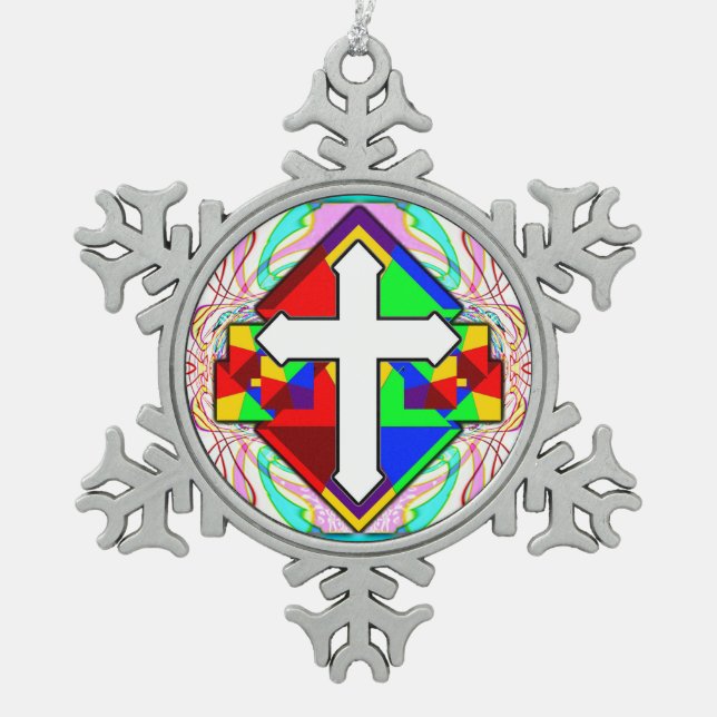 Rainbow Cross Snowflake Pewter Christmas Ornament (Front)