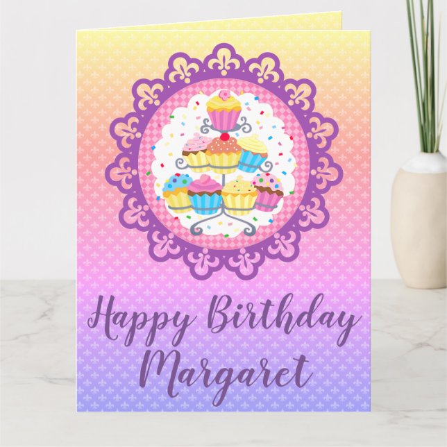 Rainbow Cupcake Group Personalized Birthday Card (Front)