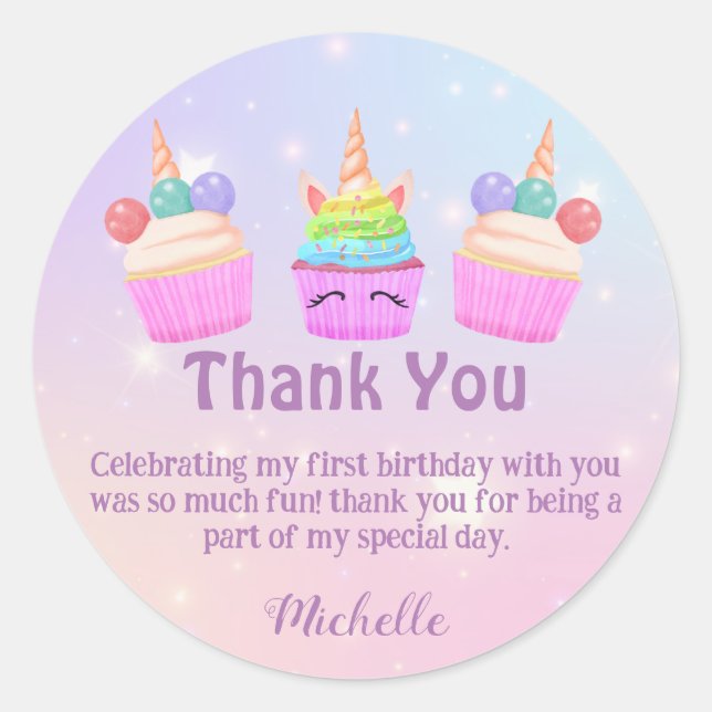 rainbow cupcakes thank you girl 1st birthday cute classic round sticker (Front)