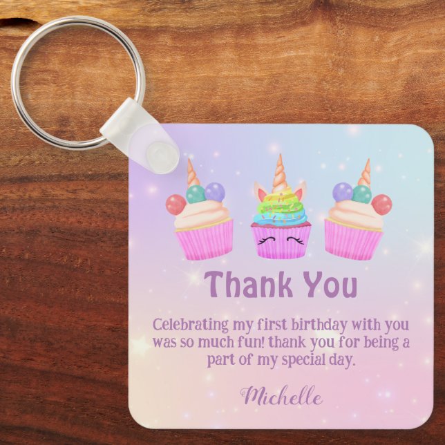rainbow cupcakes thank you girl 1st birthday keychain (Front)