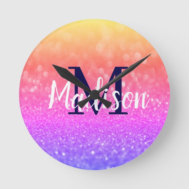 Rainbow Custom Glitter Name Personalized Round Clock (Front)