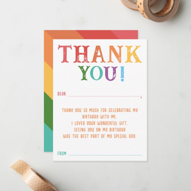 Rainbow Custom Message Fill In Thank You Birthday Card (Front/Back In Situ)