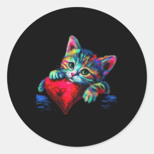 Rainbow Cute Cat Hugging Heart Kitten Lying On Hea Classic Round Sticker