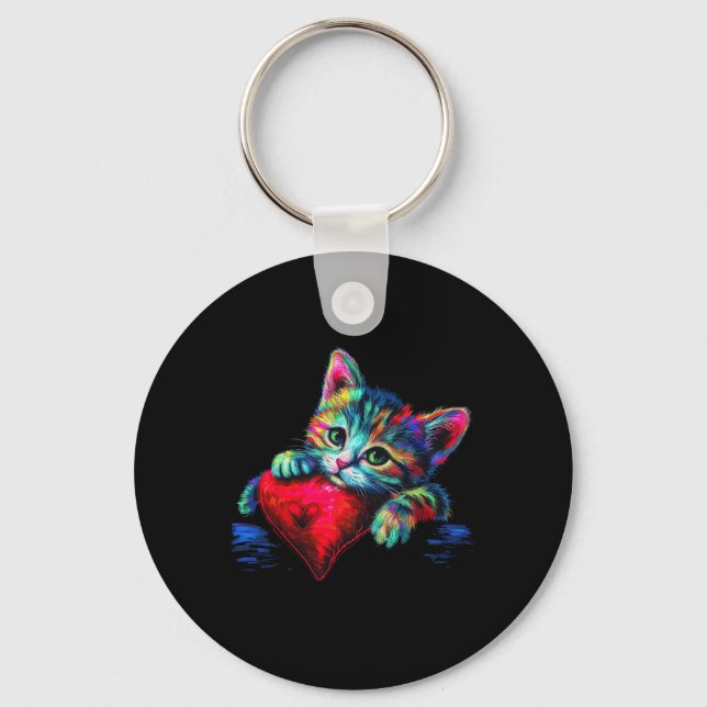Rainbow Cute Cat Hugging Heart Kitten Lying On Hea Keychain (Front)