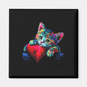 Rainbow Cute Cat Hugging Heart Kitten Lying On Hea Magnet