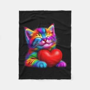 Rainbow Cute Cat Hugging Valentine Heart Kitty Lov Fleece Blanket