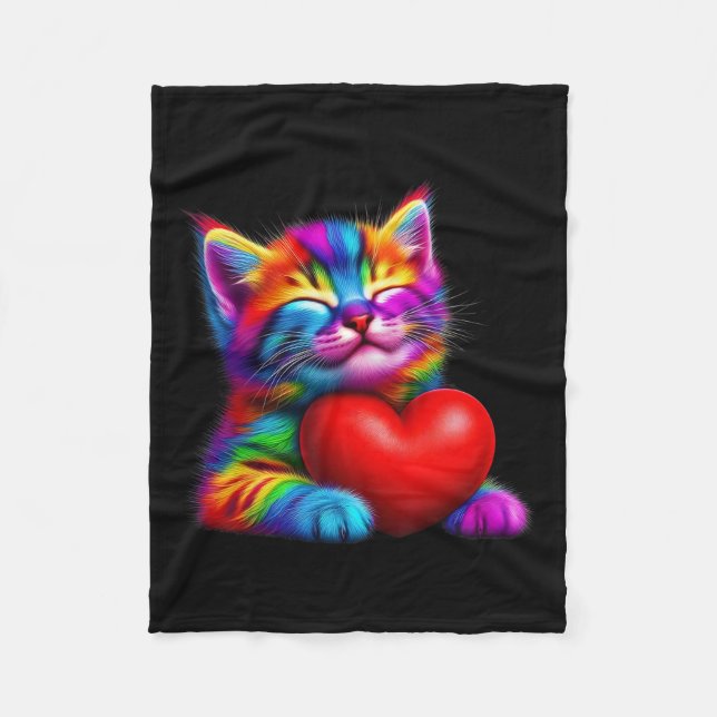 Rainbow Cute Cat Hugging Valentine Heart Kitty Lov Fleece Blanket (Front)