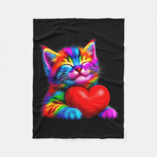 Rainbow Cute Cat Hugging Valentine Heart Kitty Lov Fleece Blanket