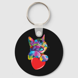 Rainbow Cute Cat Hugging Valentine Heart Kitty Lov Keychain