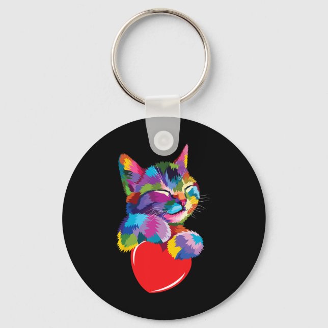 Rainbow Cute Cat Hugging Valentine Heart Kitty Lov Keychain (Front)