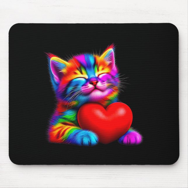 Rainbow Cute Cat Hugging Valentine Heart Kitty Lov Mouse Pad (Front)