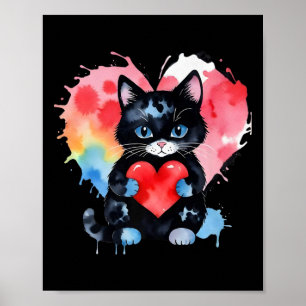 Rainbow Cute Cat Hugging Valentine Heart Kitty Lov Poster
